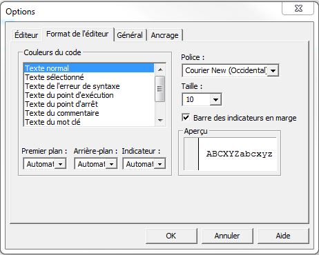 Options du format de l'éditeur de l'environnement de développement de VBA - Excel Québec