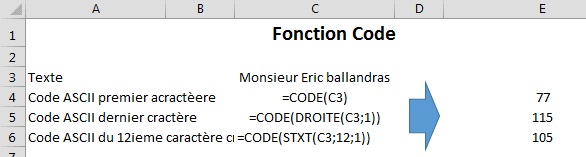 Exemple de la fonction Code dans Excel