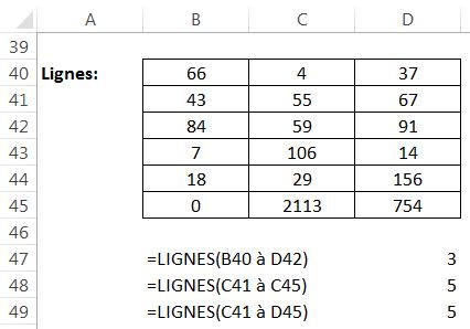 Fonction Excel LIGNES