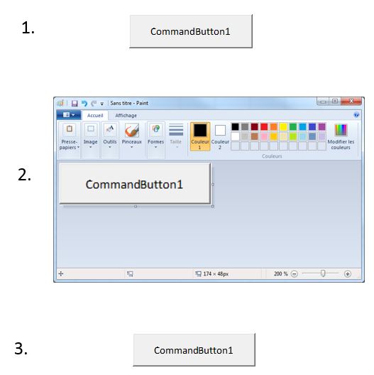 1. (en haut), un bouton ActiveX 2. (au milieu) le bouton copié dans Paint 3. (en bas) l'image du bouton ainsi obtenue