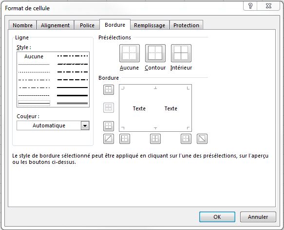 Onglet Bordure de la fenêtre Format de cellule - Excel Québec