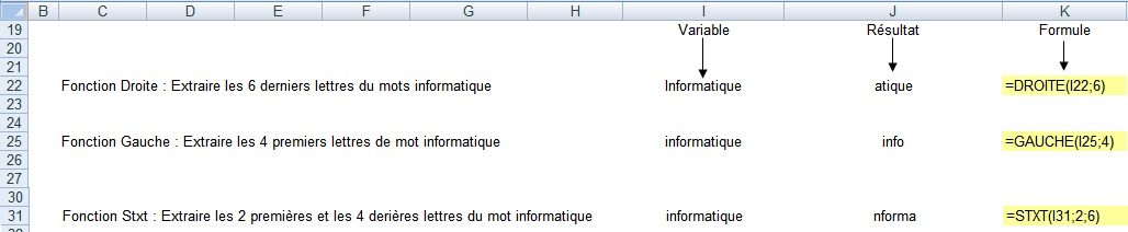 Exemples des fonctions DROITE, GAUCHE et STXT - Exemple Québec