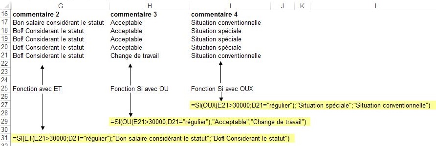 Exemples fonctions ET, OU, OUX - Excel Québec
