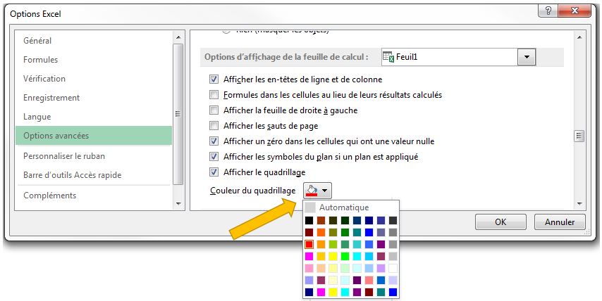aramètres d'affichage par défaut, couleur - Excel Québec