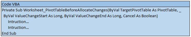 Code pour l'évènement de feuille Excel Worksheet_PivotTableBeforeAllocateChanges