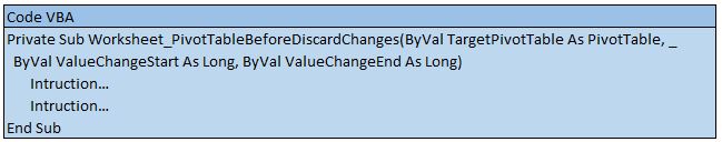 Code pour l'évènement de feuille Excel Worksheet_PivotTableBeforeDiscardChanges