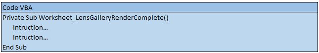 Code pour l'évènement de feuille Excel Worksheet_LensGalleryRenderComplete