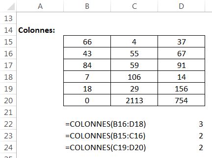 Fonctions Excel COLONNES