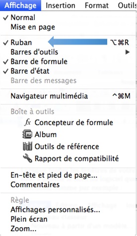 Le menu spécifique à Excel dans Mac